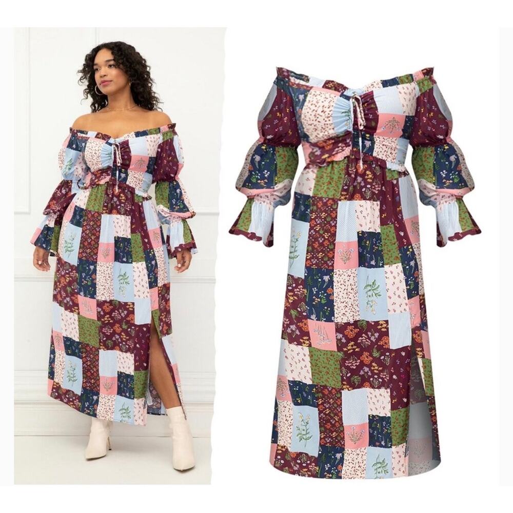 Eloquii Elements Patchwork Floral Long Sleeve Off Shoulder Maxi Dress 22/24 Folk